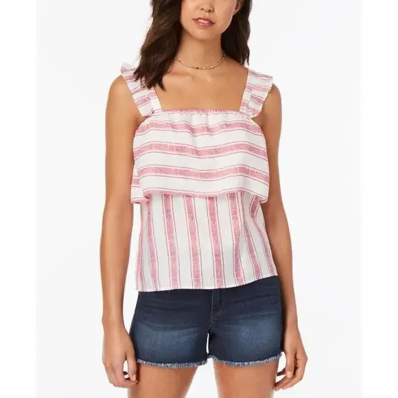 Almost Famous Womens Striped Ruffle-Trimmed Tank Top Size S - Picture 2 of 2